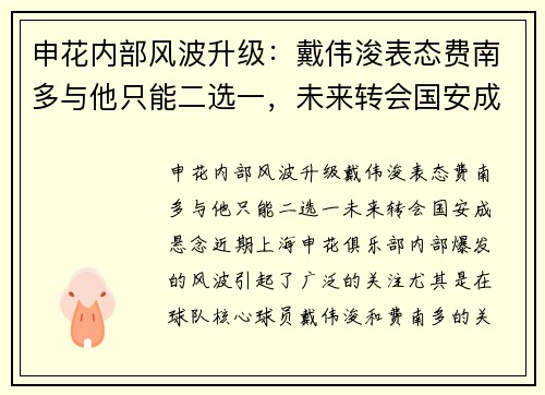 申花内部风波升级：戴伟浚表态费南多与他只能二选一，未来转会国安成悬念